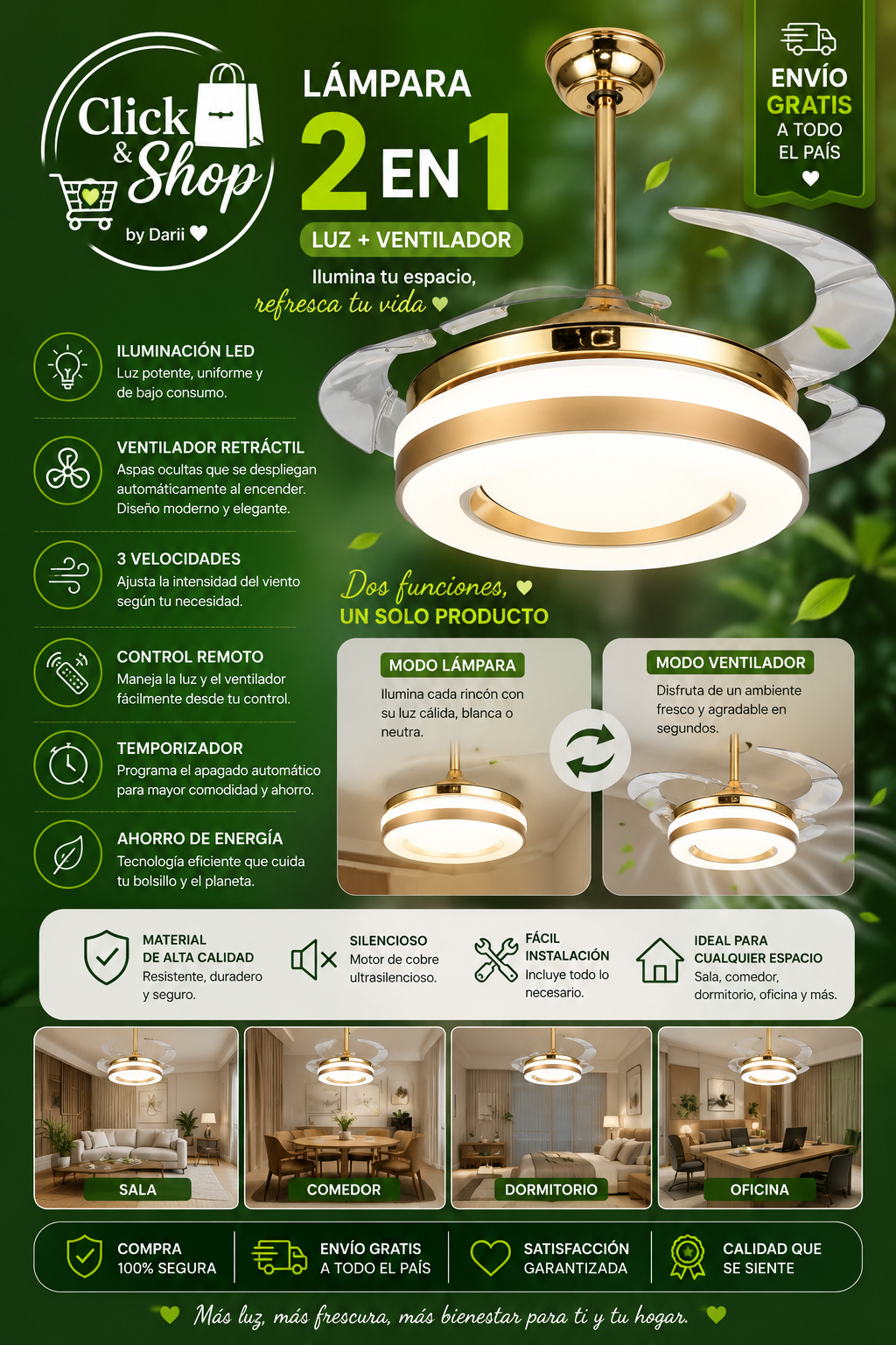 LÁMPARA ABANICO LED 2 EN 1